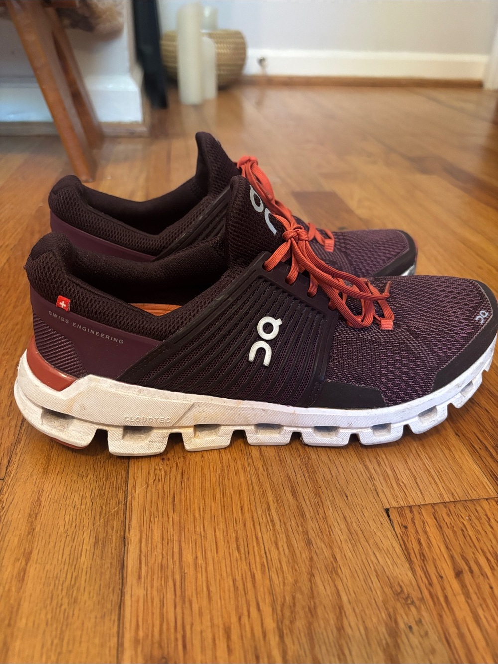 On Running women’s Cloudswift Shoes - Burgundy with Orange Laces